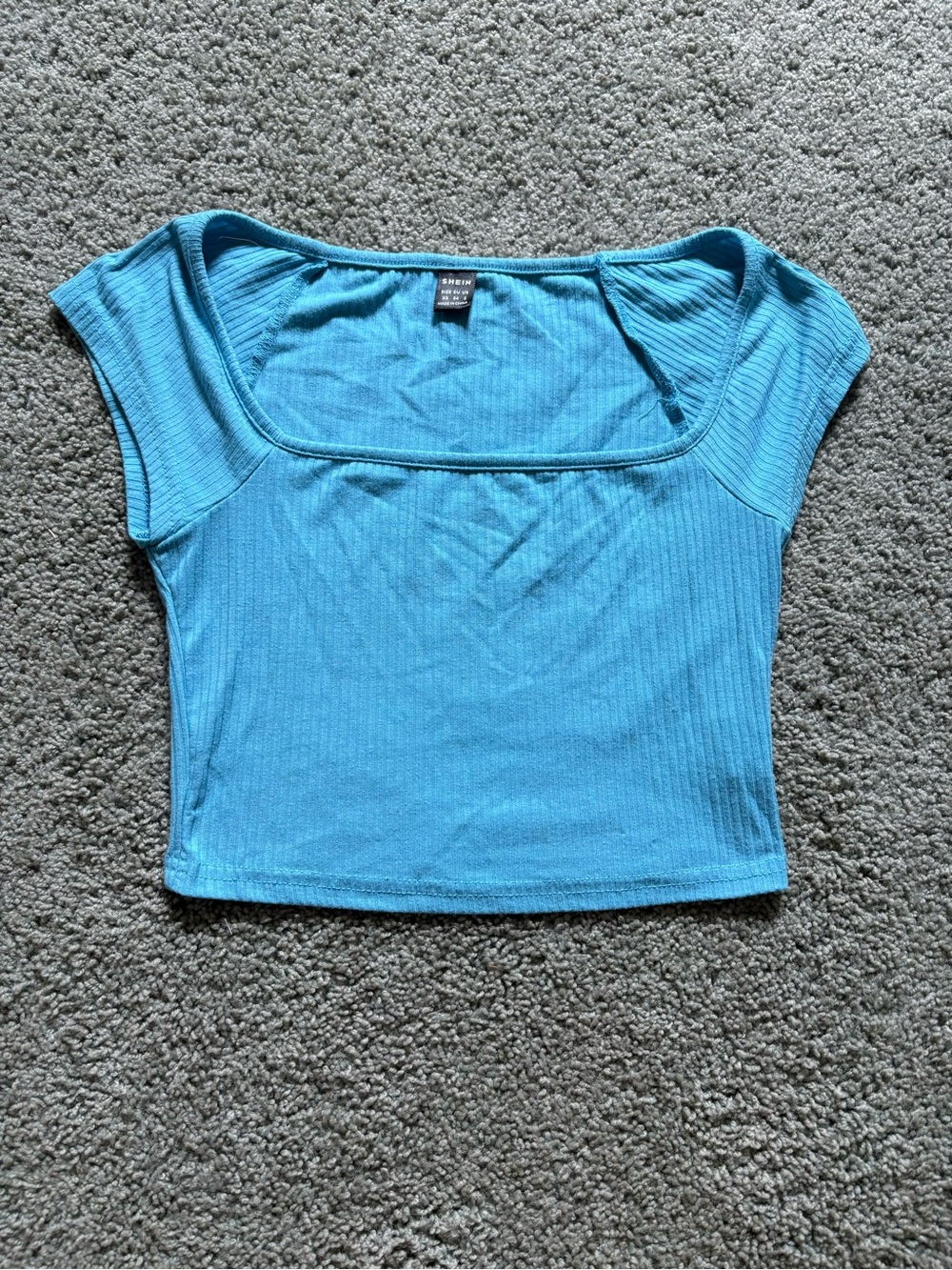 SHEIN Baby Blue Square Neck Short Sleeve Cropped Ribbed Top Shirt Womens Size XS